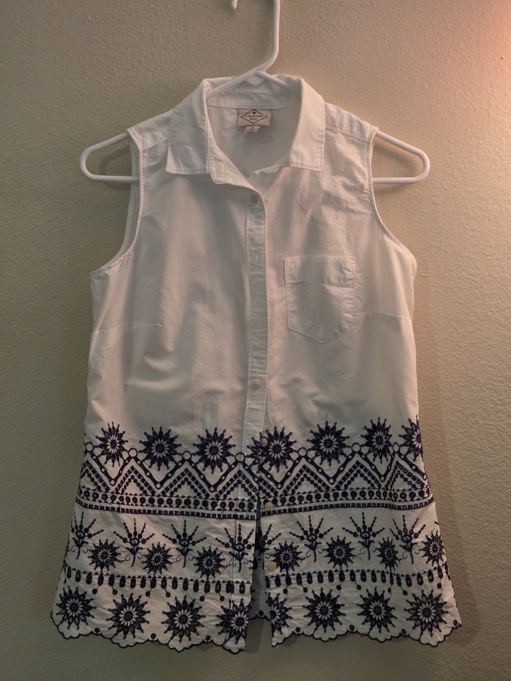 St. John's Bay White Button-Down Shirt with Navy Embroidered Label